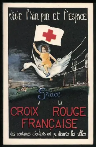 Künstler-AK Grace a la Croix Rouge Francaise, Französisches Rotes Kreuz, Gänsereiter mit Rot-Kreuz-Fahne
