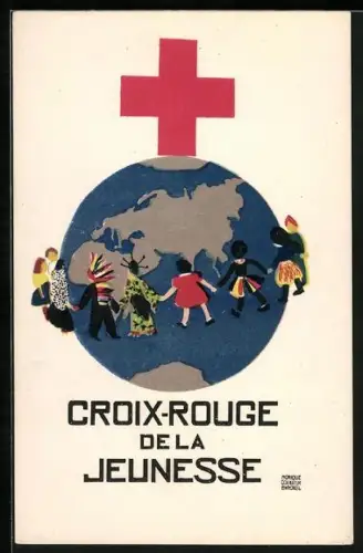 Künstler-AK Personen verschiedener Kulturen tanzen um den Erdball, Croix-Rouge de la Jeunesse, Rotes Kreuz