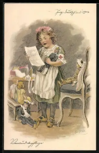 AK Jung Deutschland 1914, Kleine Krankenpflegerin mit Soldatenpuppen