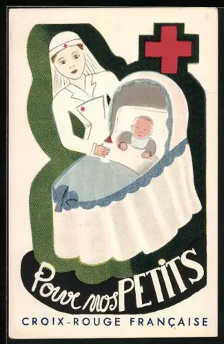 Künstler-AK Krankenschwester mit einem Baby, Pour nos Petits, Croix-Rouge Francaise, Rotes Kreuz