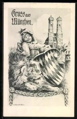 Künstler-AK Münchner Kindl mit einem Löwen und Wappen