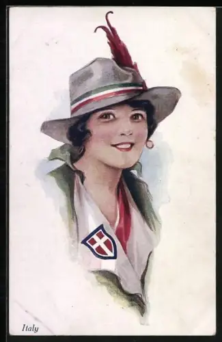 Künstler-AK Frau mit Hut mit den italienischen Farben, Italy