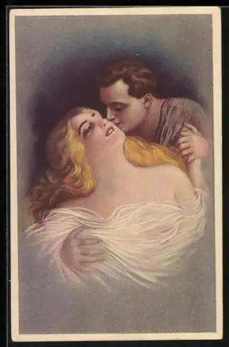 AK Junger Mann küsst seine Liebste auf die Wange, Art Deco