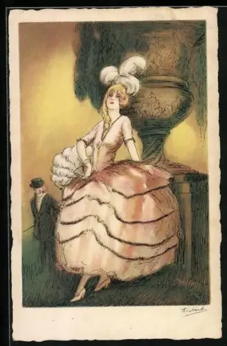 AK junge Frau im Kleid mit einem Fächer, Art Deco