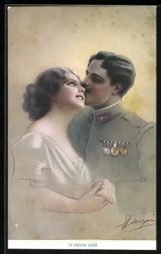 Künstler-AK Soldat in Uniform mit seiner Geliebten, Ortsansicht