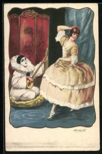 Künstler-AK Dame in elegantem Kleid mit Clown, Art Deco
