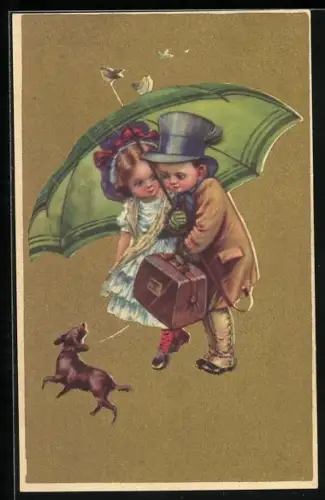 Künstler-AK Kleines Paar mit Dackel im Art Deco Stil