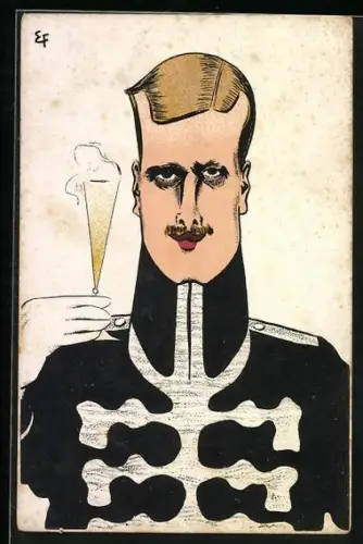Künstler-AK Soldat in Uniform hebt ein Sektglass