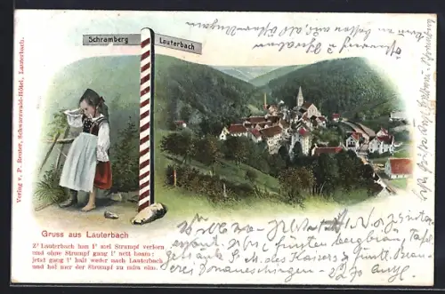 AK Lauterbach / Schramberg, Mädchen im Trachtenkleid am Wegweiser zur Stadt