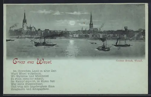 Mondschein-AK Wesel / Rhein, Uferpartie mit Dampfschiffen