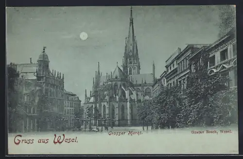 Mondschein-AK Wesel / Rhein, Grosser Markt mit Kirche
