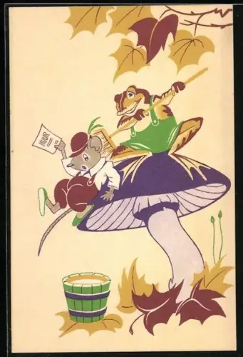 Künstler-AK Frosch fegt eine Mause von seinem Pilz