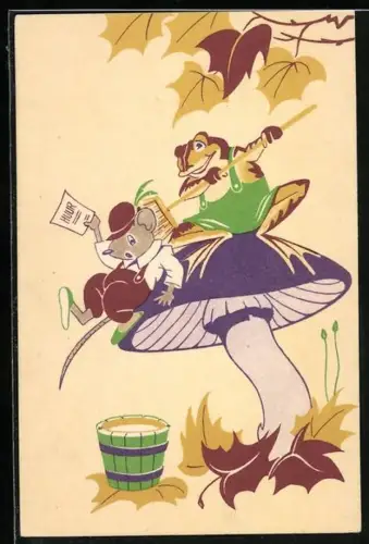 Künstler-AK Frosch fegt eine Mause von seinem Pilz