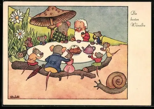 AK Alter Zwerg und Mäusefamilie bei einem Teekränzchen