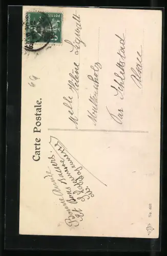 AK Neujahrsgrüsse, Dackel stellt sich an einen Tisch mit Wurstteller