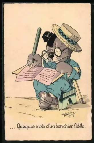 AK Schreibender Hund mit Brille, Füllfederhalter, Strohhut und Gehstock