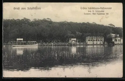 AK Berlin-Schildhorn, Erstes Schildhorn-Restaurant, Inh. R. Schroeder, Anlegestelle