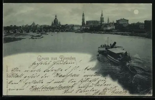 Mondschein-AK Dresden, Blick auf Altstadt und Elbe