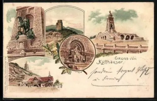 Lithographie Kyffhäuser, Kyffhäuserdenkmal, Barbarossahöhle, Burgruine