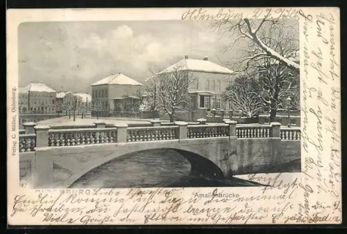 AK Oldenburg / O., Amalienbrücke, Winteransicht