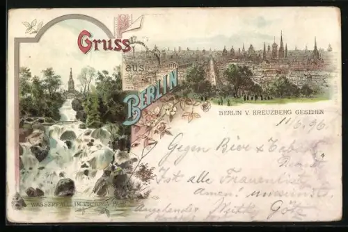 Lithographie Berlin, Wasserfall im Viktoriapark, Stadtansicht v. Kreuzberg