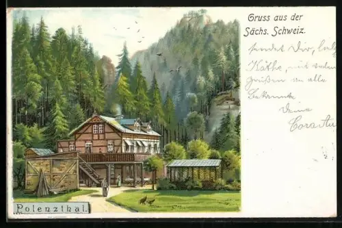 Lithographie Polenz / Sächs. Schweiz, Gasthaus zum Polenzthal
