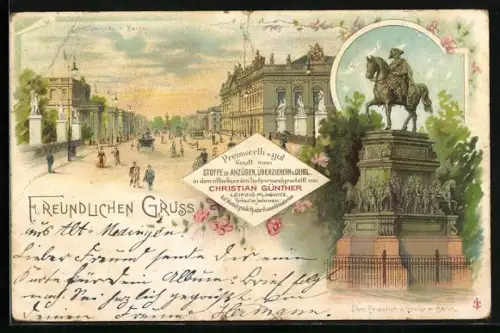 Lithographie Berlin, Schlossbrücke, Denkmal Friedrichs des Grossen, Zeughaus