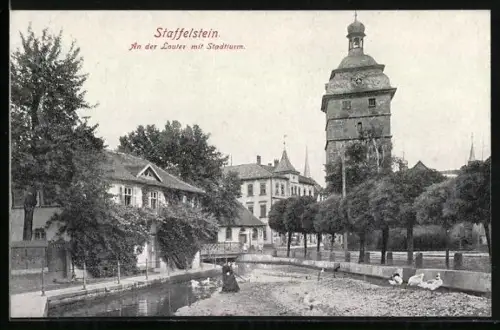 AK Staffelstein / Mainthal, Flusspartie mit Stadtturm