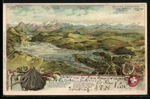 Lithographie Lindau / Bodensee, Panorama vom Bodensee mit Alpen, Bregenz, Romanshorn, Kreuzlingen
