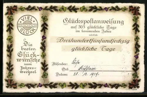 AK Glückspostanweisung für 365 glückliche Tage im kommenden Jahre