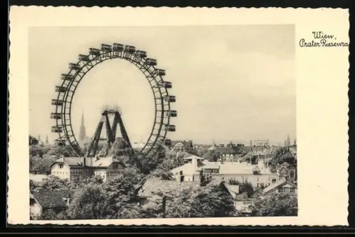 AK Wien, Wiener Prater, Teilansicht mit Riesenrad aus der Vogelschau