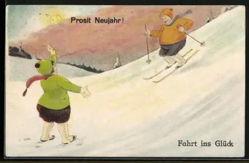AK Fahrt ins Glück, Dicker Skiläufer und Frau, Neujahrsgruss