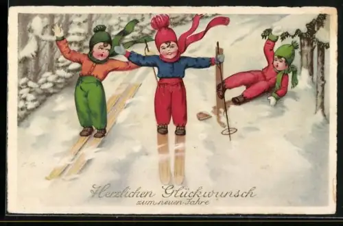 AK Kleine Skiläufer an einem Abhang, Neujahrsgruss