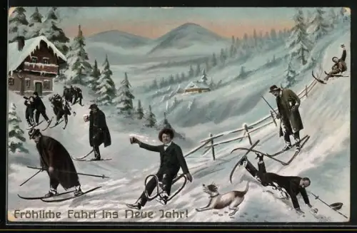 AK Skifahrer und Rodler im Gebirge, Neujahrsgruss