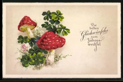 AK Fliegenpilze und Glücksklee, Neujahrsgruss