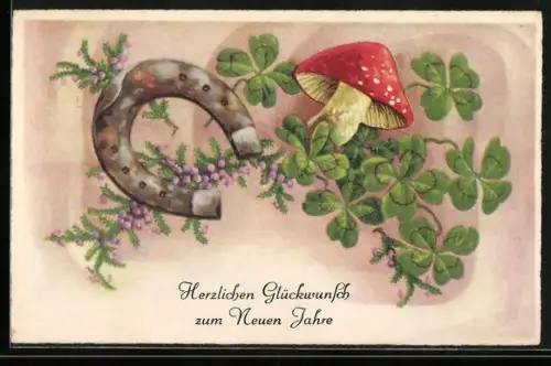 AK Fliegenpilz, Hufeisen u. Glücksklee, Neujahrsgruss