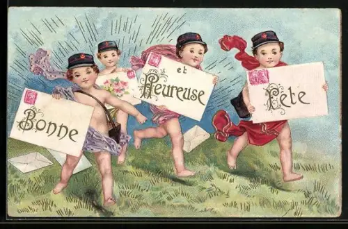 Präge-AK Kleine Postboten mit grossen Briefen