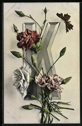 AK Buchstabe K mit Blumen und Schmetterling