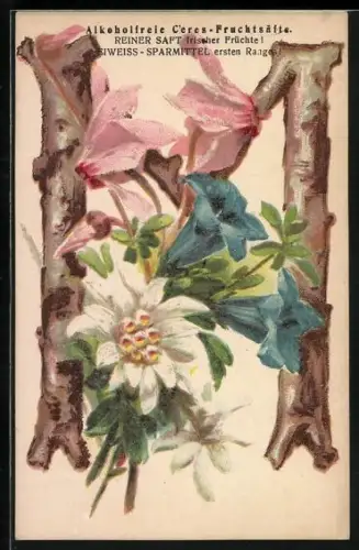 Lithographie Buchstabe M mit Blumen u. Reklame Alkoholfreie Ceres Fruchtsäfte