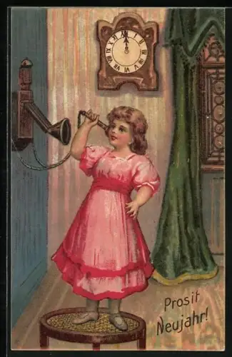 AK Mädchen am Telefon in Stube