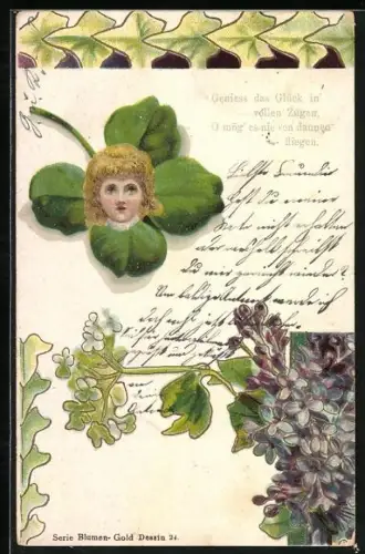 Lithographie Kleeblatt mit Menschenkopf, Geniess das Glück in vollen Zügen, O mög es nie dannen fliegen