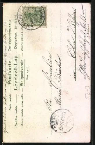 Lithographie Kleeblatt mit Menschenkopf, Geniess das Glück in vollen Zügen, O mög es nie dannen fliegen