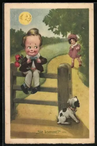 Künstler-AK Sonne mit Gesicht beobachtet ein Pärchen, Sie kommt!