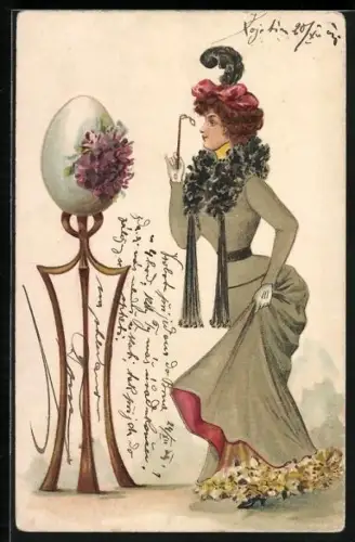 Lithographie Dame mit Brille schaut sich einen Blumenstrauss an