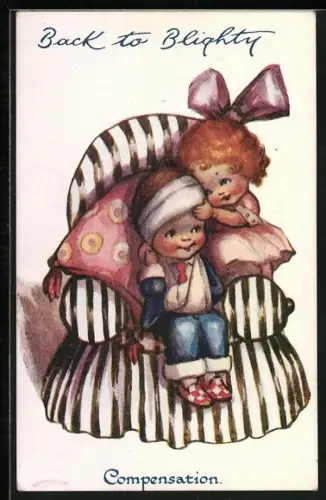 Künstler-AK Mädchen versorgt einen Jungen mit Bandagen, Back to Blighty