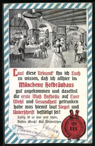 Künstler-AK Urkunde des Münchner Hofbräuhauses