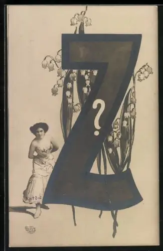 Künstler-AK Buchstabe Z mit einem Fragezeichen, Dame in elegantem Kleid