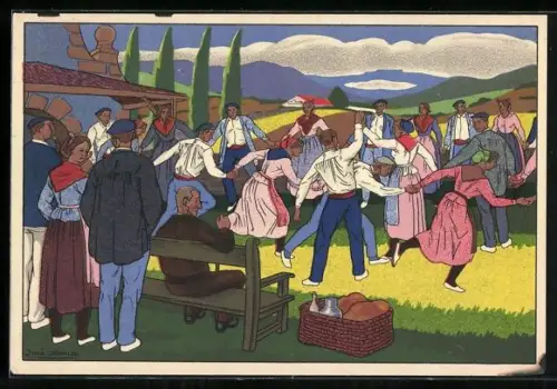 Künstler-AK Spanisches Fest, Tanzende Männer und Frauen