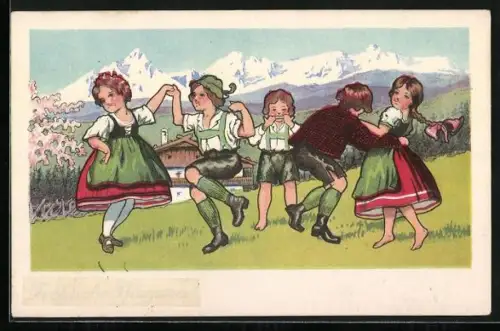 Künstler-AK Jungen und Mädchen beim Tanz vor Gebirgspanorama