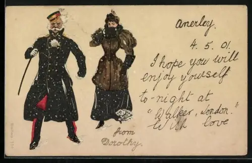 AK Britischer Militärangehöriger im Mantel und Dame bei Schneefall